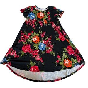 LuLaRoe Carly Black High-Low Dress with Pink, Orange, Blue & Green Floral Print